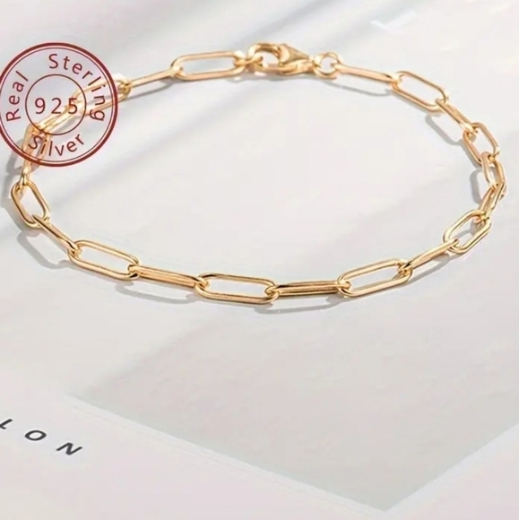 NWT 925 Sterling Silver Link Gold Plated Chain Bracelet - Picture 2 of 4